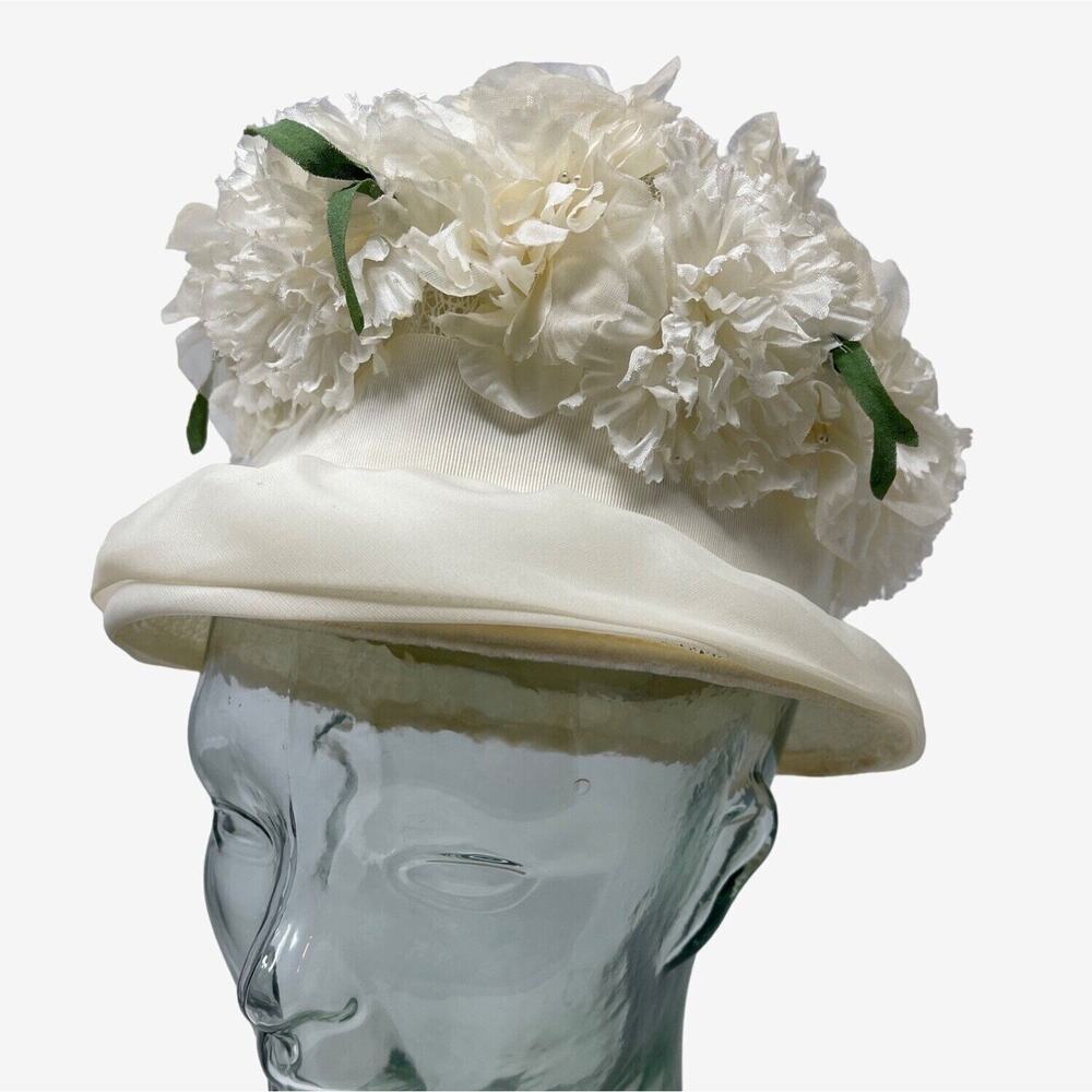 Vintage 1960s White Floral Cloche Hat Double Fabric Brim Retro Mid Century Style